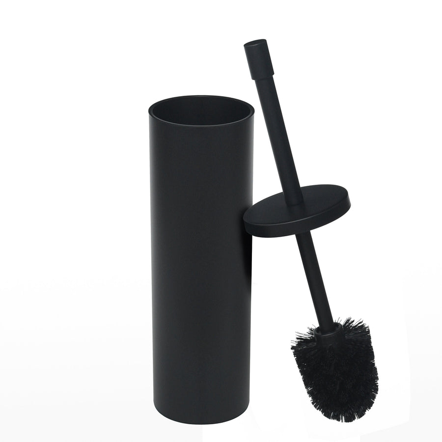 Matte black metal toilet brush and cylindrical holder with brush removed, shown on white background
