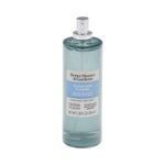 Tall cylindrical teal glass bottle of Better Homes & Gardens Oceanside Flannel room and linen spray with label and spray mechanism visible