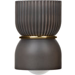 Close-up studio shot of a ribbed dark gray fragrance plug with gold trim and diffuser bulb