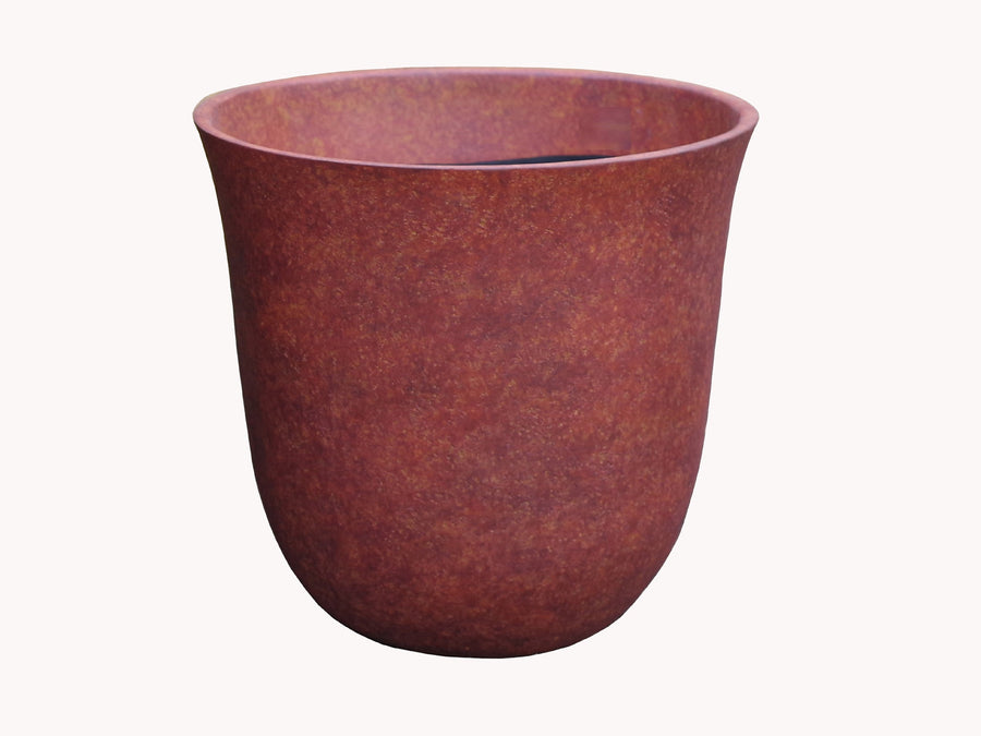 Rust-finished rounded plastic planter pot with slightly flared rim on white background