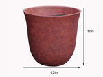 Rust-colored planter shown with simple dimension arrows indicating 12in width and 11in height