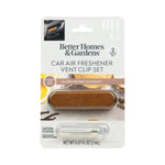 Packaged Better Homes & Gardens car air freshener vent clip set in brown wood-tone fragrance bar on retail card