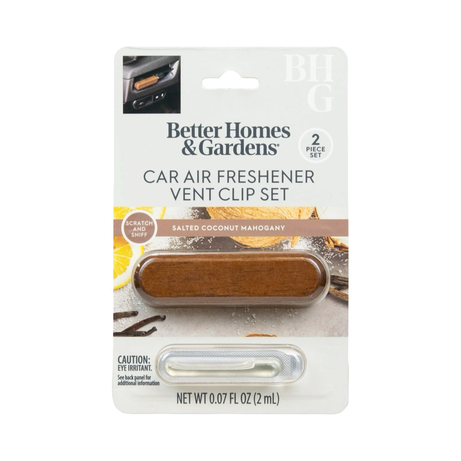 Packaged Better Homes & Gardens car air freshener vent clip set in brown wood-tone fragrance bar on retail card