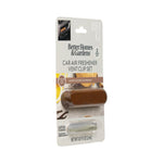 Angled studio shot of Better Homes & Gardens car air freshener vent clip set in wood-tone bar on branded backing card