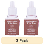 Two Better Homes & Gardens Warm Rustic Woods fragrance oil refill bottles side by side with a ‘2 Pack’ banner below.