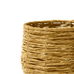 Close-up detail of the braided texture and rim of a woven faux seagrass vase against white