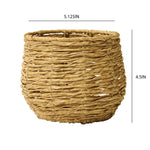 Woven faux seagrass vase on white with dimension overlay showing 5.125in width and 4.5in height