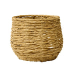 Isolated round woven faux seagrass vase on a white background, showing full shape and texture