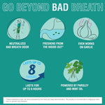 Informational graphic panels highlighting benefits like neutralizes odor, freshens inside-out, works on garlic