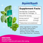 Supplement facts panel graphic with Beyond Breath bottle and parsley and mint leaves on a blue background
