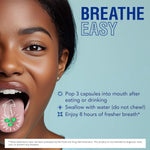 Close-up lifestyle graphic of a woman with open mouth showing capsules on tongue and simple usage steps