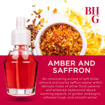 Bottle of red Better Homes & Gardens fragrance oil beside a bowl of golden amber crystals and BHG logo