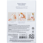 Back of retail packaging showing instructions and warning text for Better Homes & Gardens Aroma Accents fragrance plug