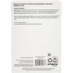 Back panel of blister card showing material content, caution text, barcode and recycling symbols for the fragrance refills.