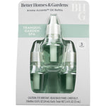 Retail blister pack front showing three Better Homes & Gardens Aroma Accents refill bottles labeled ‘Tranquil Garden Spa’.