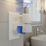 Plug-in diffuser device inserted in wall outlet releasing stylized blue scent vapor with BHG logo