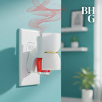 Plug-in diffuser inserted in wall outlet releasing red-hued fragrance oil with BHG logo in corner