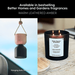 Promotional split image showing hanging auto diffuser on left and Better Homes & Gardens Warm Leathered Amber jar candle on right