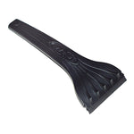 Black Bigfoot polyethylene ice scraper with short handle and wide serrated blade photographed on white background.