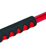Foam grip detail on a red telescoping pole showing black foam with red finger-indent accents.