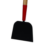 Close-up of wooden handle with red ferrule and wide black steel chopper/edger blade on white background