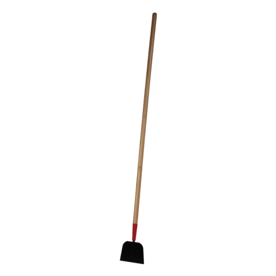 Full-length wooden-handled ice chopper/edger with red ferrule and black steel blade on white