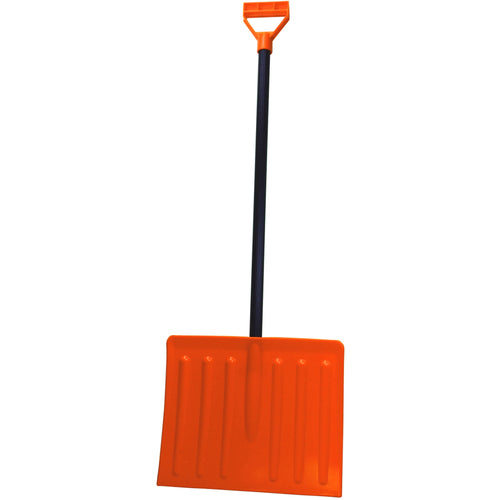 Full-length orange children's snow shovel with black metal handle and D-grip, photographed on white background.