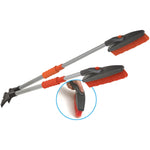 Two positions of a Bigfoot telescoping swivel snowbrush showing orange bristles and a hand-rotating swivel feature