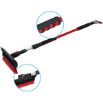 Red telescoping snow broom with pivoting red-bristle head, ice scraper and foam grip, shown with two circular detail callouts.