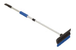 Telescoping snow broom with foam grip and ice scraper head shown on white background, angled view