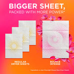Comparison graphic showing regular dryer sheets next to a larger Bounce Intense sheet with floral accents