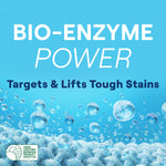 Blue promotional graphic reading “BIO-ENZYME POWER” with bubbles and textured fabric close-up and USDA biobased seal