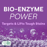 Purple graphic with text "BIO-ENZYME POWER" and visual of fabric fibers and bubbles, plus USDA biobased seal.