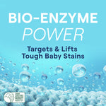 Blue infographic reading “BIO-ENZYME POWER Targets & Lifts Tough Baby Stains” with water droplets and fabric texture