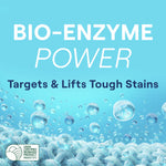 Blue background graphic with text “BIO-ENZYME POWER” and water droplets highlighting stain-targeting claim and USDA biobased seal