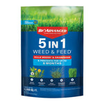 Front-facing blue bag of BioAdvanced 5-in-1 Weed & Feed with product name and lawn imagery