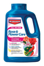 Blue BioAdvanced All-In-One Rose & Flower Care granule bottle with label showing roses and product benefits