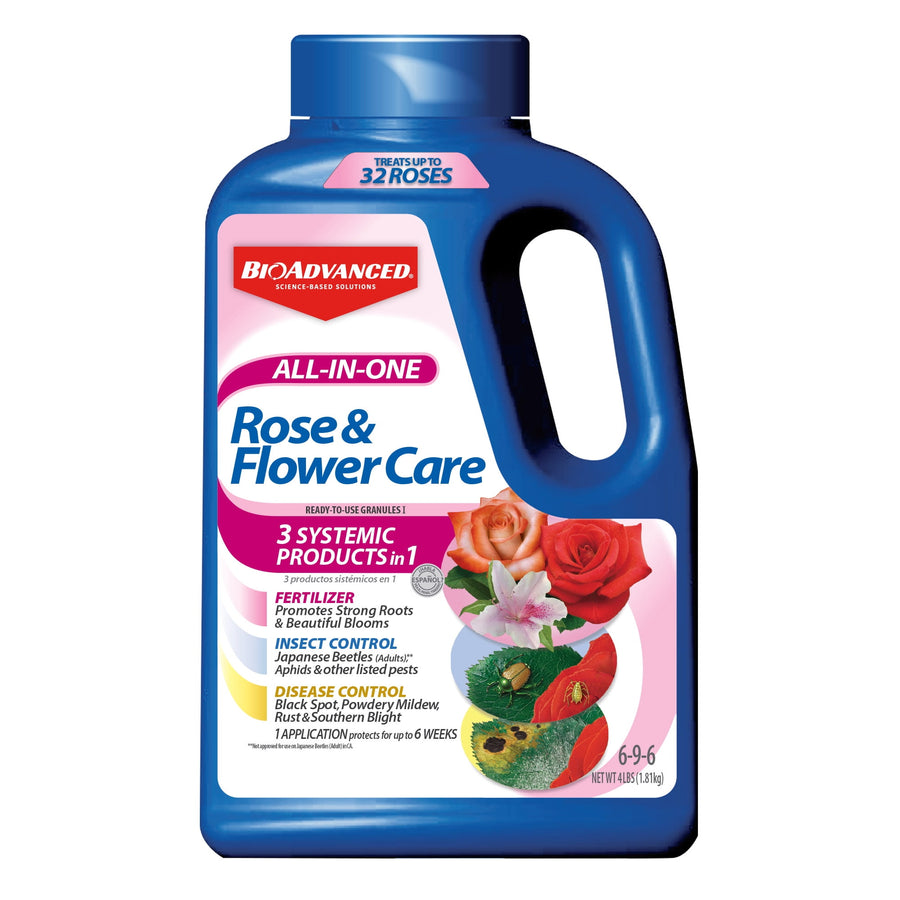 Blue BioAdvanced all-in-one Rose & Flower Care granules jug with label showing roses and product benefits