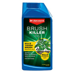 Blue bottle of BioAdvanced Brush Killer Plus concentrate with product label showing plants and 'Kills Poison Ivy' callout
