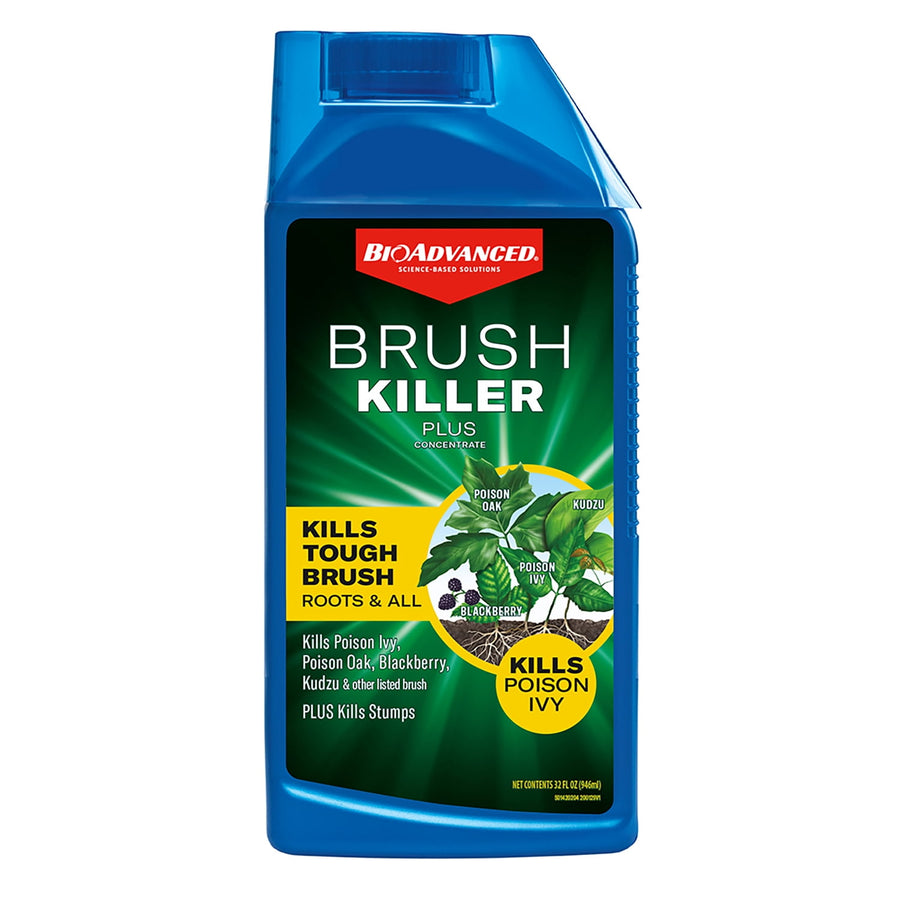 Blue bottle of BioAdvanced Brush Killer Plus concentrate with product label showing plants and 'Kills Poison Ivy' callout