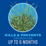 Circular close-up image of crabgrass inside a blue panel with text about killing and preventing crabgrass up to six months