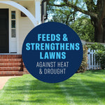 Lawn and house background with a circular blue badge stating “Feeds & Strengthens Lawns Against Heat & Drought”
