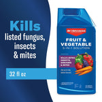 Graphic showing a blue BioAdvanced Fruit & Vegetable 3-in-1 Solution bottle with text 'Kills listed fungus, insects & mites' and '32 fl oz'.