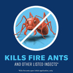 Illustration of a red ant inside a prohibited symbol with text declaring the product kills fire ants and other listed insects