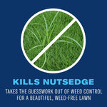 Divided circular image showing grass and a weed with text proclaiming it kills nutsedge