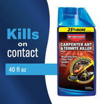 Product shot of the BioAdvanced blue concentrate bottle with text callouts reading "Kills on contact" and "40 fl oz"