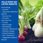 Graphic panel listing insects killed over a garden photo showing radishes and onions in soil with text on a blue sidebar.