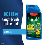 BioAdvanced Brush Killer Plus 32 fl oz bottle pictured beside text 'Kills tough brush to the root' on blue background