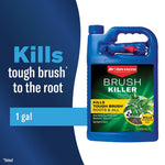 BioAdvanced Brush Killer blue one-gallon jug shown with headline 'Kills tough brush to the root' on blue background