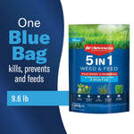 Promotional panel showing a BioAdvanced 5-in-1 Weed & Feed blue bag with text 'One Blue Bag' and 9.6 lb callout